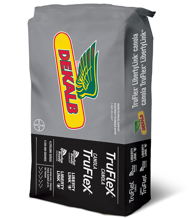 A grey bag of seed with the yellow DEKALB logo featured prominently. The bag has a black border on the bottom that says TruFlex.