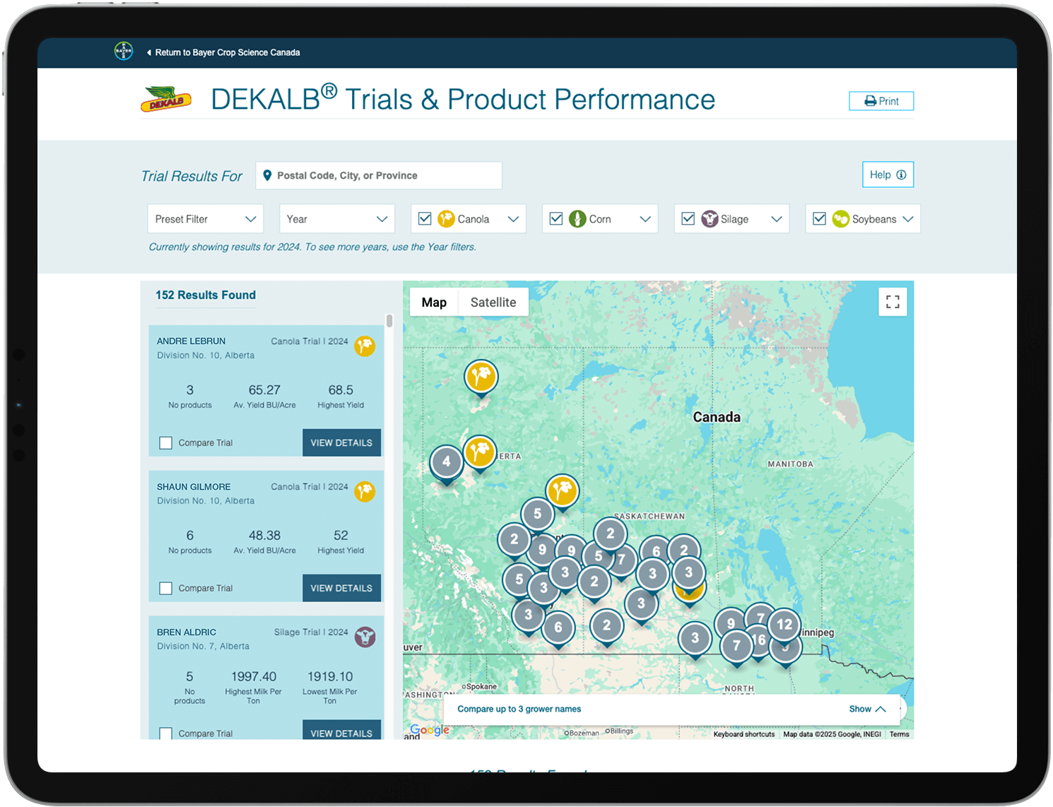 A laptop and mobile phone show a map overview with crop icons users can click on to view seed trials.